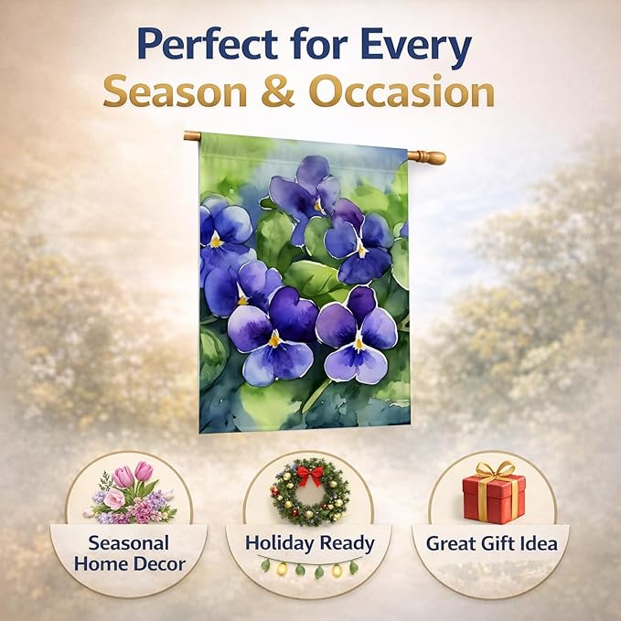 Caroline's Treasures Rhode Island Violets in Watercolor House Flag Large Porch Sleeve Pole Decorative Outside Yard Banner Artwork Wall Hanging, Polyester, House Size, Multicolor