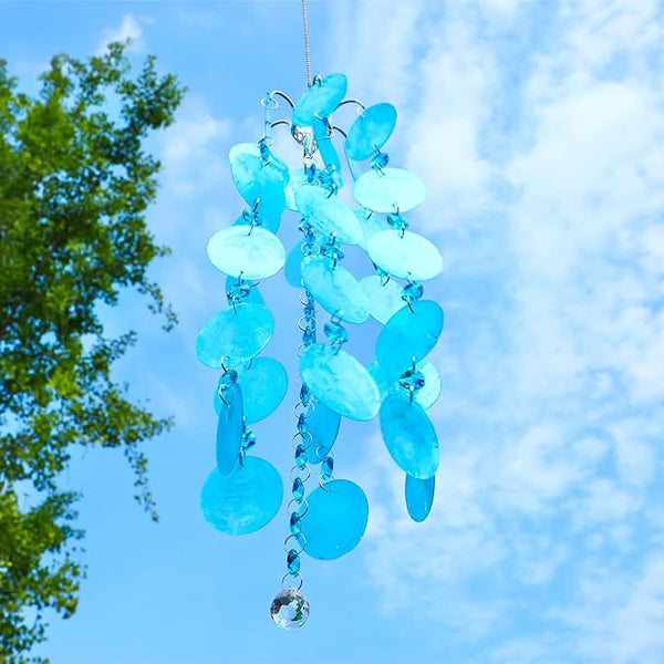 23.6 inch Capiz Shell Wind Chime Outdoor Indoor Hanging, Blue Shell Wind Chimes for Outside, Crystal Wind Chime Pendant, Handemade Gift for Housewarming