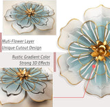 Metal Flower Wall Art Decor, 8.3''Rustic Modern Floral Sculpture, Distressed Iron Wall Hanging Home Decoration Accent Artworks for Indoor Kitchen Bedroom Living Office Outdoor Garden Patio-06 Blue Gold