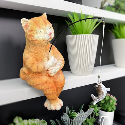Garden Funny Orange Cat Pond Statue - 11" Cat Fishing Poolside Decor, Animals Outdoor Statue