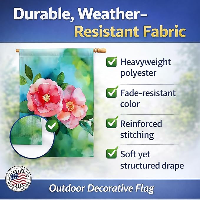 Caroline's Treasures Alabama Camellia in Watercolor House Flag Large Porch Sleeve Pole Decorative Outside Yard Banner Artwork Wall Hanging, Polyester, House Size, Multicolor