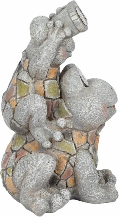 Frogs Piggy Back Ride with Solar Eyes Statue for Garden Decor - Stone Like Figurine for Front Porch, Outdoor Garden, Patio, and Yard Decor - Sculptural Yard Art for Entryway - 14", Gray & Yellow