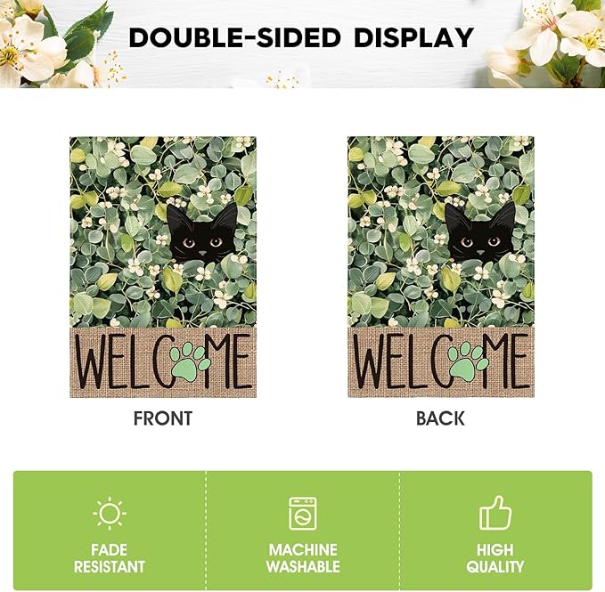 AVOIN colorlife Spring Summer Floral Garden Flag 12x18 Inch Double Sided Outside, Eucalyptus Black Cat Welcome Seasonal Yard Outdoor Flag