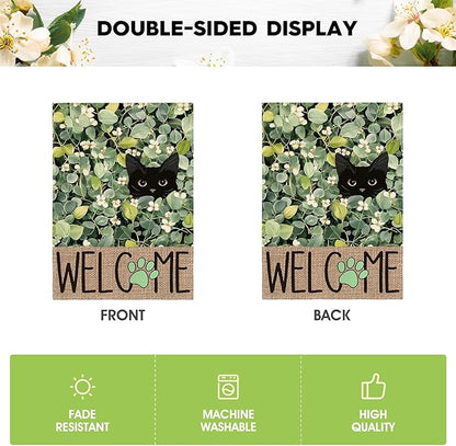 AVOIN colorlife Spring Summer Floral Garden Flag 12x18 Inch Double Sided Outside, Eucalyptus Black Cat Welcome Seasonal Yard Outdoor Flag