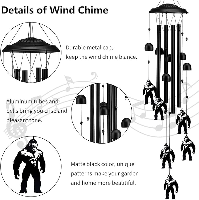 Bigfoot Wind Chimes for Outside/Indoors, Bigfoot Gifts for Women Mom Grandma, Aluminum Tubes Windchimes S Hook, 37" Wind Chime Hanging Decor for Home Patio Garden Porch Yard (Black-Bigfoot)
