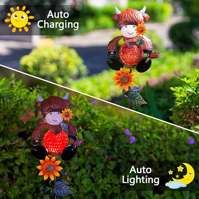 2 Pack Solar Garden Lights, Highland Cow Solar Lights Outdoor Waterproof Global Landscape Lighting with Metal Stake, Decorative Lawn Ornaments for Pathway, Garden Decor