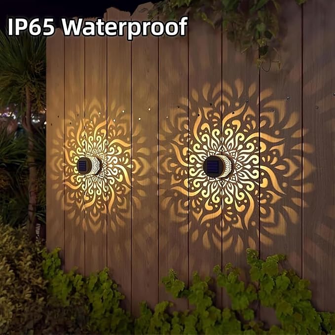 2PCS Decorative Solar Mandala Lights, Metal Solar Powered Outdoor Deck Step Wall Lights, Mandala Theme Waterproof Fence Light for Garden Post Patio Backyard Yard Decor
