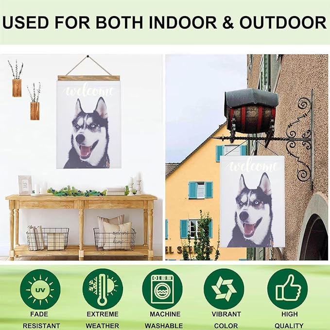 Mugod Siberian Husky House Flag 28x40 Inch Double Sided Burlap, Welcome Dog Large Yard Flag for Outdoor Farmhouse Seasonal Decoration