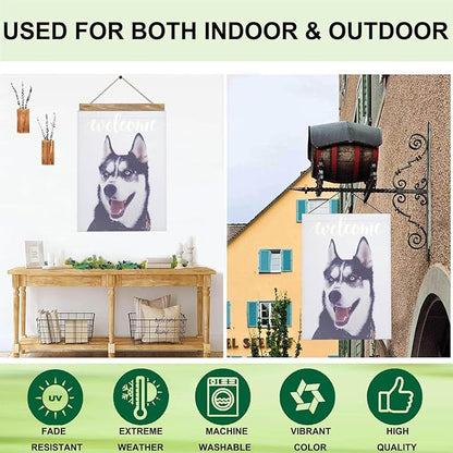 Mugod Siberian Husky House Flag 28x40 Inch Double Sided Burlap, Welcome Dog Large Yard Flag for Outdoor Farmhouse Seasonal Decoration