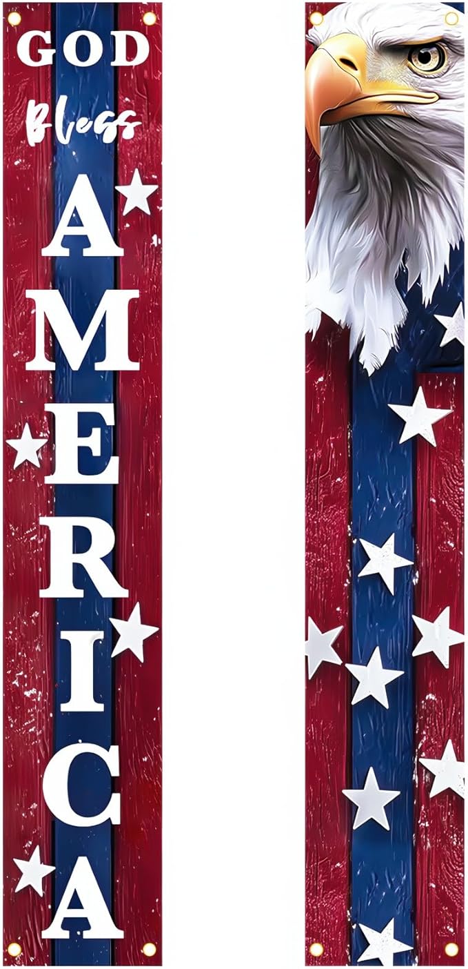 BlissYard 4th of July Decorations God Bless America Door Banner American Flag Independence Day Eagle Porch Banner Sign Patriotic Decor Memorial Day Front Door Hanging Porch Signs Veterans Decorative