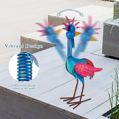Metal Wacky Rooste Garden Statue, Rooster Decor Yard Statue Decorations Outdoor, Chicken Yard Art for Outside, Patio, Backyrad, Lawn (Blue & Pink)