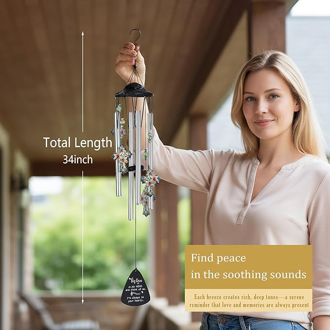 HDCRYSTALGIFTS 34'' Christian Gifts for Women Men, Memorial Wind Chimes for Outside, Religious Christian Sympathy Gifts for Loss of Loved One Mom Dad Friends Home Garden Decor (Cross)