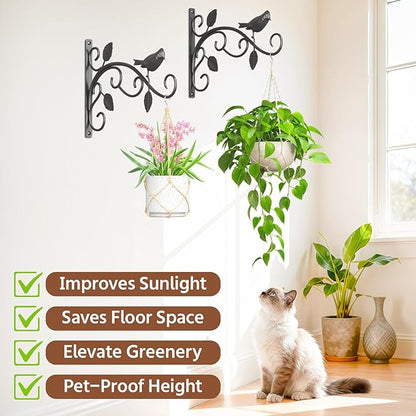 LASZOLA 4 Pack 12 Inch Hanging Plant Brackets, Heavy Duty Iron Wall Hooks with Decorative Bird and Leaf, Rust Proof Metal Outdoor Fence Hangers for Bird Feeders, Planters, Wind Chimes, Lanterns, Black