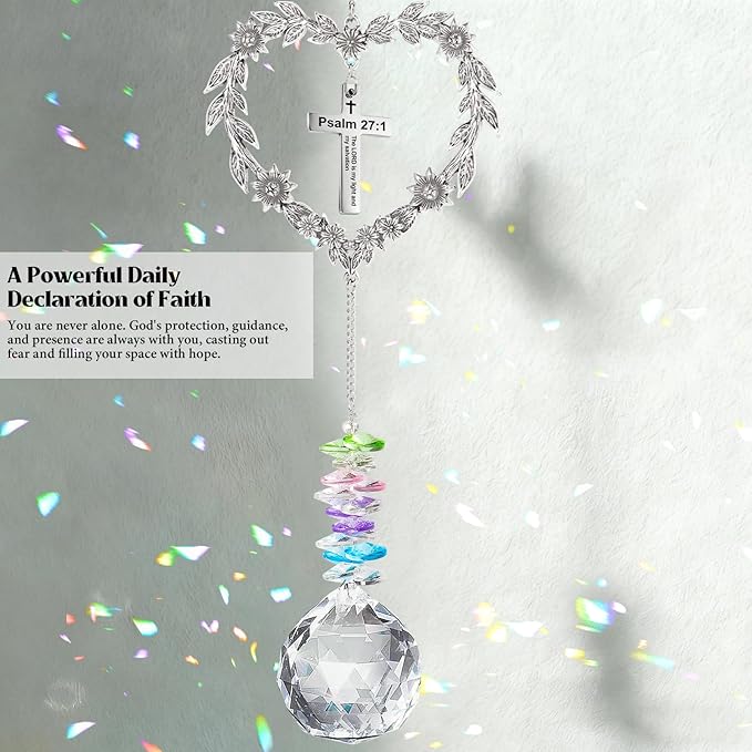 Christian Gifts for Women, Heart-Shaped Suncatcher with Cross - Religious Birthday Ornament with Scripture The Lord is My Light and My Salvation - Inspirational Catholic Spiritual Gifts