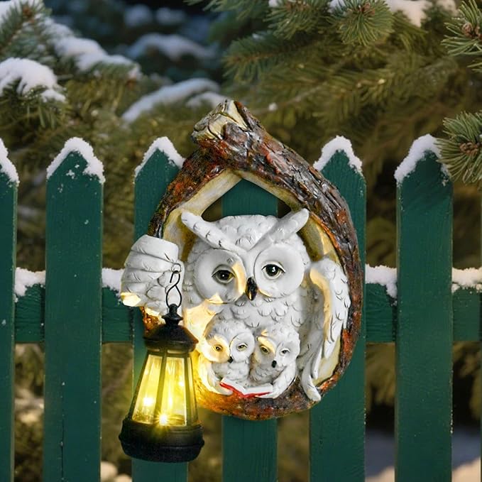 Solar Owl Family Reading a Book Wall Sculptures Outdoor Garden Decor Waterproof Resin Statue for Yard Patio Fence Tree Art Ornaments Home Decorations with Hanging LED