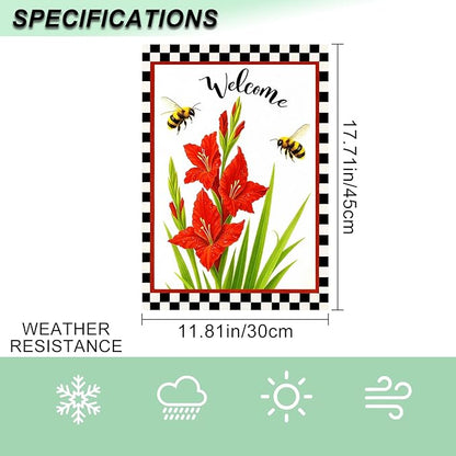 IVN Welcome Garden Flag 12x18 Inch Double Sided Spring Summer Garden Yard Flags Red Gladiolus Flowers Bees Decorative Small Flags for Outdoor Seasonal Front Door Lawn Porch Patio Decor Yard Flag