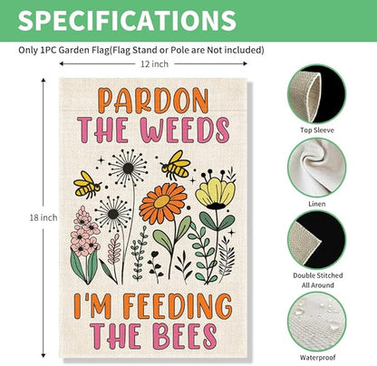 Perfectinsoy Pardon the Weeds I'm Feeding the Bees Garden Flag, No Mow Sign, Bee Keeper Yard Decor, Pollinator Garden Sign, Welcome Backyard Farmhouse Spring Outdoors Decor, Wildflower Bee Lover Gifts