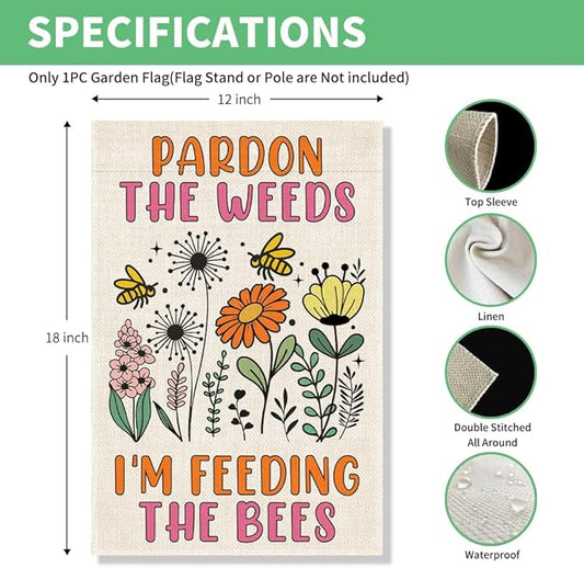 Perfectinsoy Pardon the Weeds I'm Feeding the Bees Garden Flag, No Mow Sign, Bee Keeper Yard Decor, Pollinator Garden Sign, Welcome Backyard Farmhouse Spring Outdoors Decor, Wildflower Bee Lover Gifts