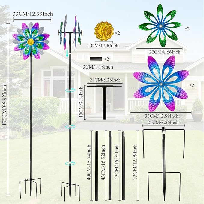 360°Metal Wind Spinner Outdoor,13”Double Wind Sculptures Garden Pinwheels with Metal Stak,Waterproof Pinwheels Large Wind Spinner for Yard and Garden（Purple）