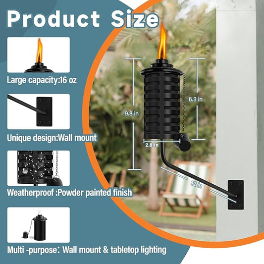 6 Pack Black Wall Mounted Citronella Torches,16 Oz Outdoor Metal Torch,Refillable Garden Torches for Yard, Patio, Deck, Garden, Party, Landscape