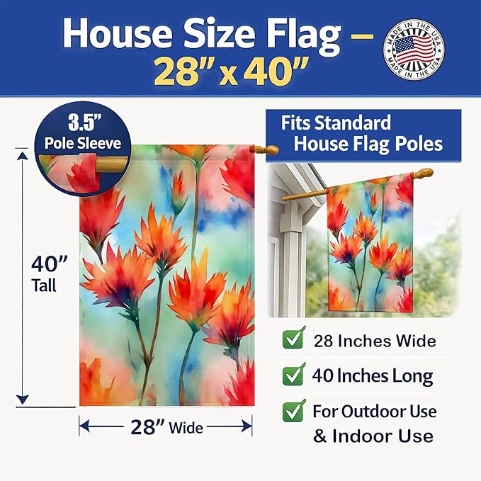 Caroline's Treasures Wyoming Indian Paintbrush in Watercolor House Flag Large Porch Sleeve Pole Decorative Outside Yard Banner Artwork Wall Hanging, Polyester, House Size, Multicolor