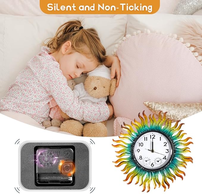 13'' Sun Outdoor Clock, Wall Clock with Thermometer & Humidity Silent No-Ticking Waterproof for Patio, Living Room, Kitchen