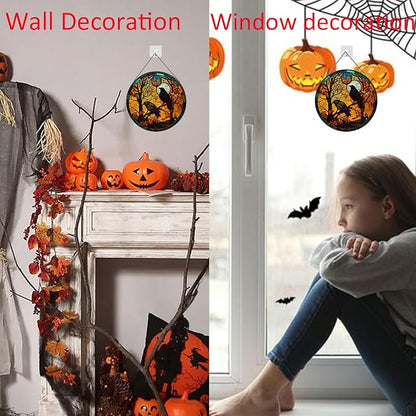 Crow Pattern Suncatcher Stained Glass,Hanging Stained Glass for Windows for Bird Lovers,20cm/7.87inch Sun Catcher Garden Hangings Ornaments Halloween Fall Christmas Decor for Home