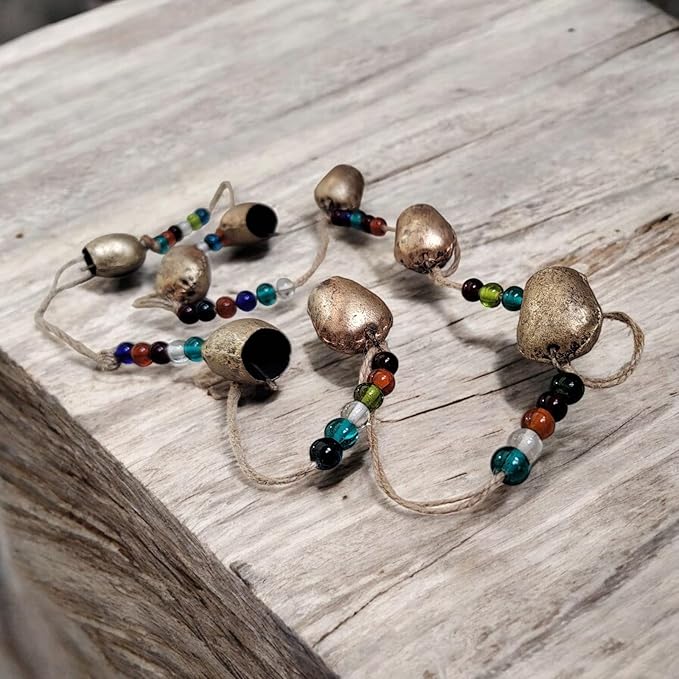 Vintage Rustic Metal Dome Bells Garland with Multicolor Glass Beads – Handcrafted Hanging Decor for Indoor Outdoor Garden, Patio, Farmhouse & Boho Style (8 Bells)