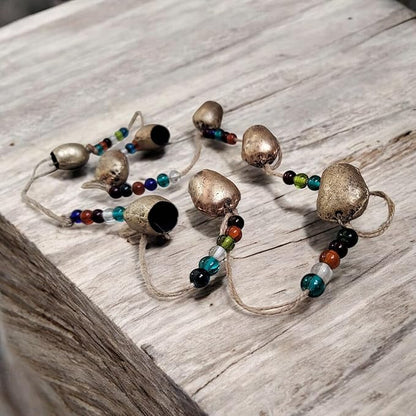 Vintage Rustic Metal Dome Bells Garland with Multicolor Glass Beads – Handcrafted Hanging Decor for Indoor Outdoor Garden, Patio, Farmhouse & Boho Style (8 Bells)