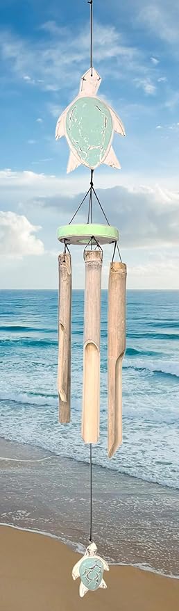 Rustic Sea Turtle Bamboo and Wood Windchimes – Outdoor Wind Chime – Distressed Finish – Whitewash & Teal Blue – Natural Beautiful Relaxing Sound