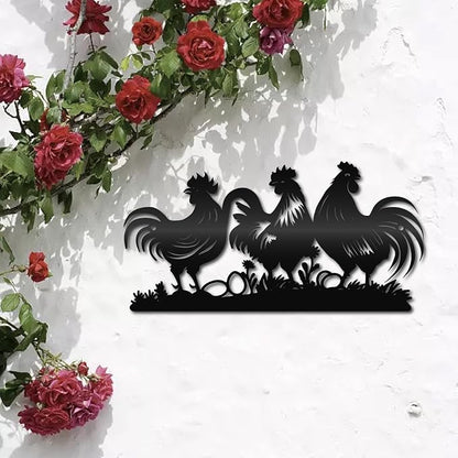 CREATCABIN Farmhouse Metal Wall Decor Hanging Sculpture Wall Art Rooster Hen Chick Egg Rustic Sign Wall Silhouette Artwork Decoration for Indoor Outside Home Office Hotel Black 11.8 x 5.9 Inch