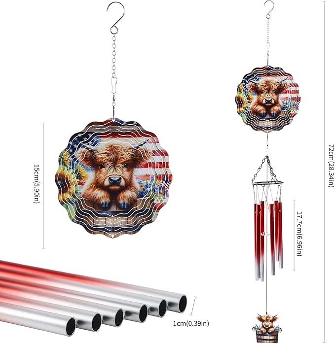 Highland Cow Wind Spinner Chimes Outdoor - Hanging Garden Decor Metal Wind Chimes for Patio, Yard, Backyard - Birthday Housewarming Gifts for Women/Mom/Grandma