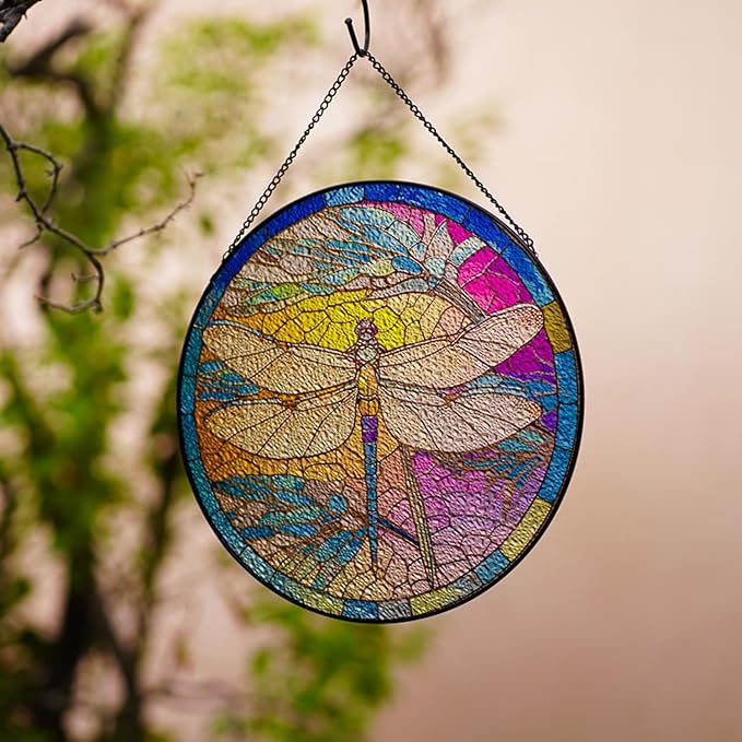 Stained Glass Window Hanging,20cm/7.87inch Dragonfly Hand-Painted Sun Catcher Garden Hangings Christmas Mother's Day, Valentine's Day Ornaments Festival Gift (B Style)