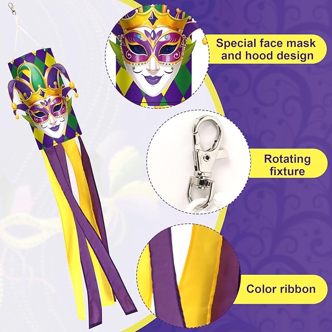 NOVWANG Mardi Gras Windsock, 40 Inch Wind Socks Mardi Gras Outdoor Decorations Purple Green Yellow Carnical Festive Flags for Yard Garden Home Party Hanging Decor