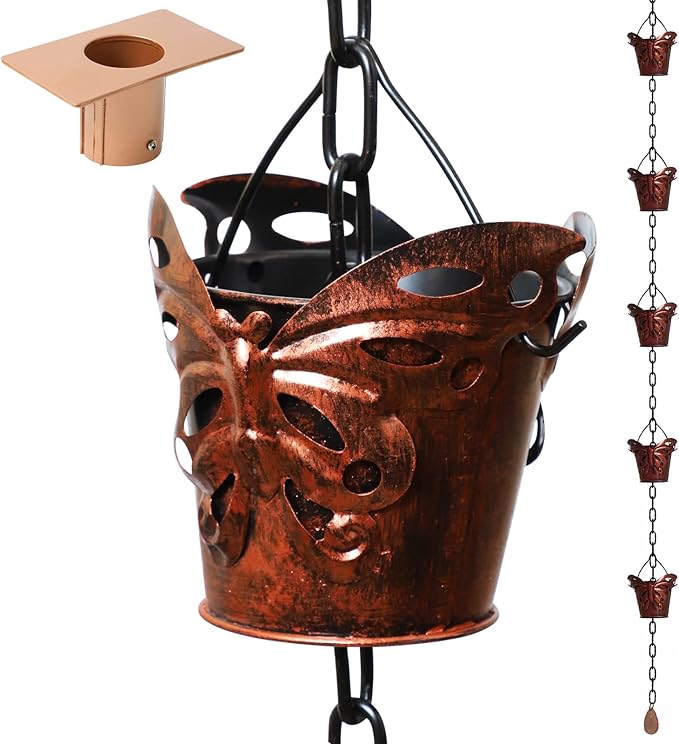 8.5FT Rain Chains for Drain Gutter Through Downspouts and Rain Barrel with Rain Chain Gutter Adapter - Outdoor Rust-Resistant Plated Iron and Thick Chain Garden Décor (Bronze-Butterfly)