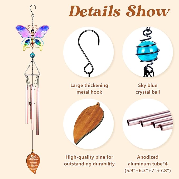 Butterfly Sympathy Wind Chimes,Memorial Gifts for Loss of Sister,Sympathy Gifts for Loss of Sister,Bereavement Condolence Remembrance Gift,Windchimes Outdoors
