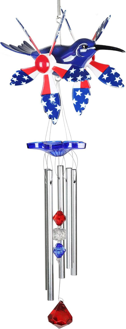 Exhart WindyWing Patriotic Hummingbird Wind Chime with American Flag Wings That Spin in The Breeze, 8 by 18 Inches