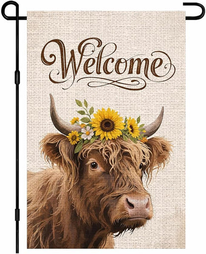 IVN Highland Cow Garden Flag 12x18 Inch – Welcome Burlap Flag with Sunflower Crown, Double Sided Outdoor Yard Flag for Porch Lawn Patio Decor
