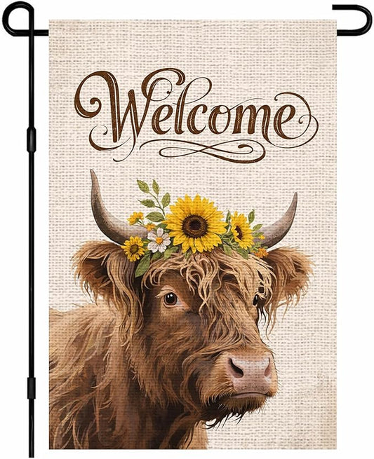 IVN Highland Cow Garden Flag 12x18 Inch – Welcome Burlap Flag with Sunflower Crown, Double Sided Outdoor Yard Flag for Porch Lawn Patio Decor