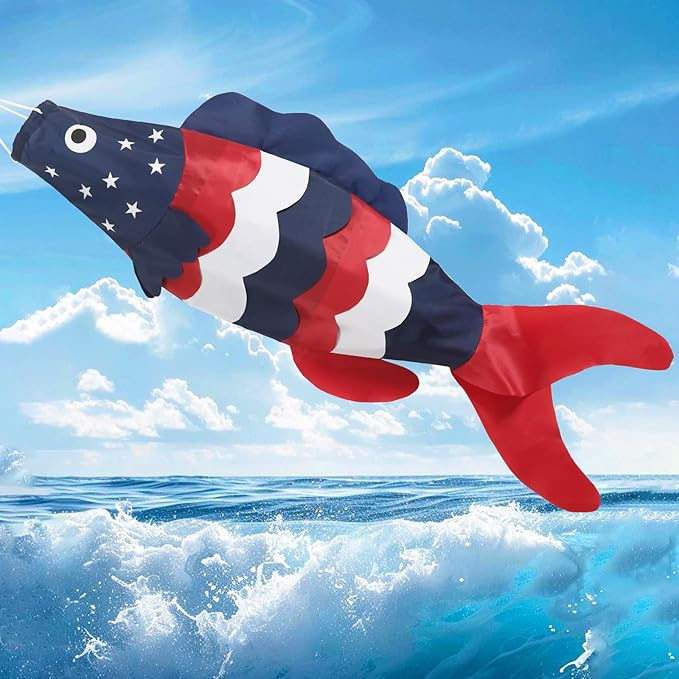 NOVWANG 40 Inch USA American Fish Windsock, Fish Windsock 4th of July Windsock Patriotic Wind Sock Outdoor Hanging Decoration for Garden Yard Balcony Boat Deck Dock Patio Decor