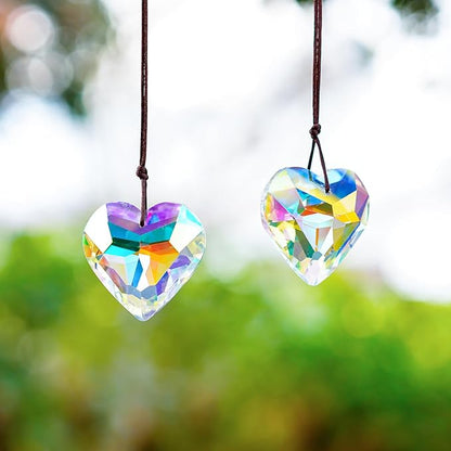 H&D HYALINE & DORA 2PCS 50mm Suncatcher Crystal Heart Prisms Hanging for Windows,AB Color Heart Shape Prisms Rainbow, Glass Chandelier Prism Sun Catcher with Rope
