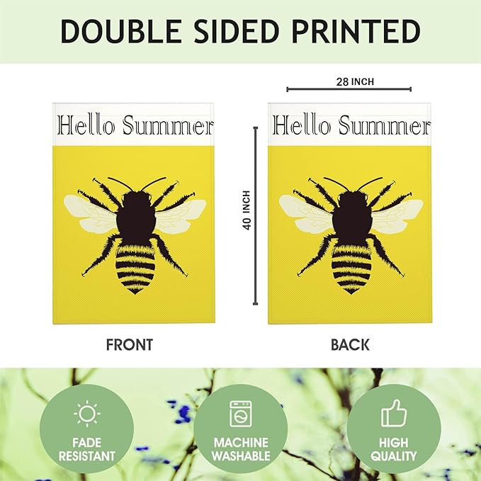 Mugod Bee Honeybee House Flag 28x40 Inch Double Sided Burlap, Hello Summer Large Yard Banner for Outdoor Seasonal Decoration