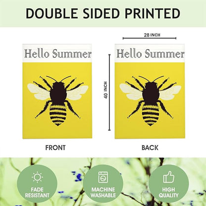 Mugod Bee Honeybee House Flag 28x40 Inch Double Sided Burlap, Hello Summer Large Yard Banner for Outdoor Seasonal Decoration