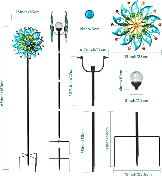 Solar Wind Spinners Outdoor – H63xW13 Metal Kinetic Garden Spinner with Crackle Glass Ball & Built-in Solar Panel – Peacock-Style Yard Wind Sculpture with LED Light