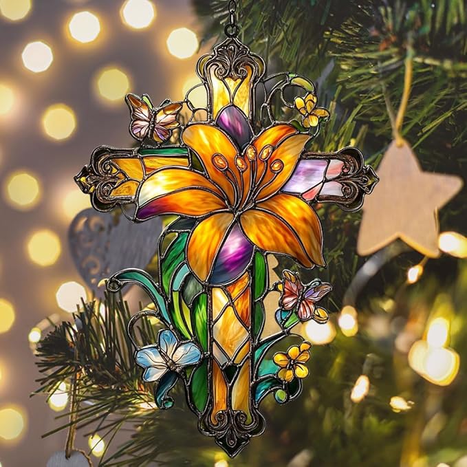 Floral Cross Acrylic Suncatcher Stained Glass Effect Window Car Hanging Christmas Ornament Indoor Outdoor Decor Garden Memorial Sun Catcher for Family Christmas Jesus Gift for Women Mom Grandma