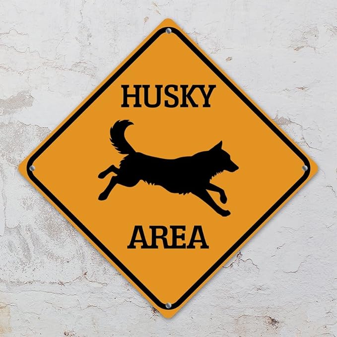 Warning Husky Area Aluminum Metal Sign Husky Dog Caution Crossing Xing Street Sign Yellow Diamond Shape Funny Metal Sign For Indoor Outdoor Highway10x10in