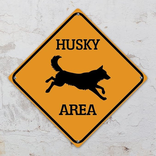 Husky Area Xing Caution Crossing Sign Husky Dog Metal Tin Sign Warning Sign Novelty Road Fence Yard Wall Decor For Indoor Outdoor Man Cave Highway 15x15in