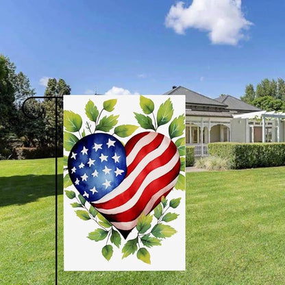 Gkyygk Welcome Patriotic Heart Green Leaf Welcome Garden Flag 12x18 Inch Double Sided Seasonal Yard Burlap Banners Outdoor Flag for Men Women