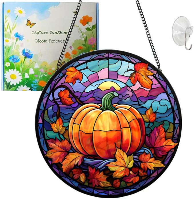 Suncatcher Pumpkin Stained Glass Suncatchers Stained Glass Ornament for Home Decor Indoor Wall Art Gift for Mother Women Friends (Pumpkin, M)