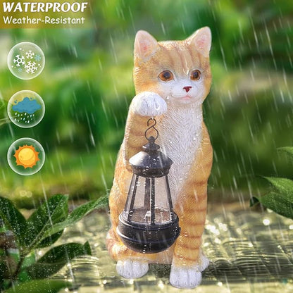 WONDER GARDEN Solar Cat Garden Statue - Outdoor Cat Statues, Cat Figurines with Solar Lantern Light for Patio, Yard, Lawn, Gardening Gifts for Women and Mom(11" Orange Cat)
